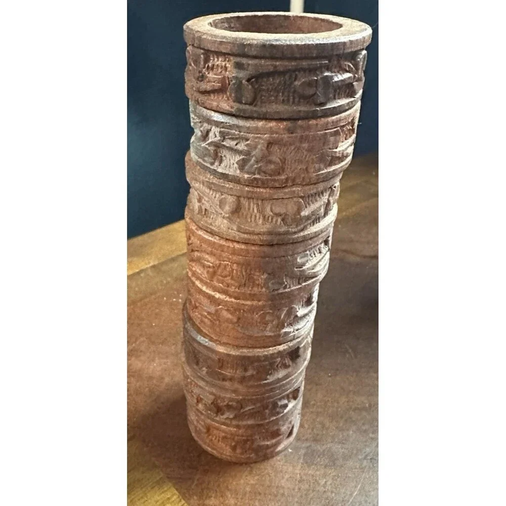 Vintage Carved Teak Wood Napkin Rings Set of 8 Measures 1 7/8 by 5/8